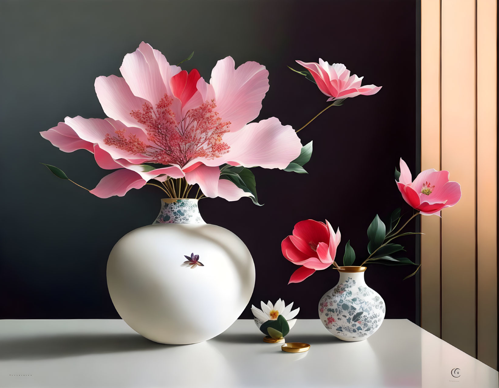 Pink flower in white vase with smaller blooms on dark background