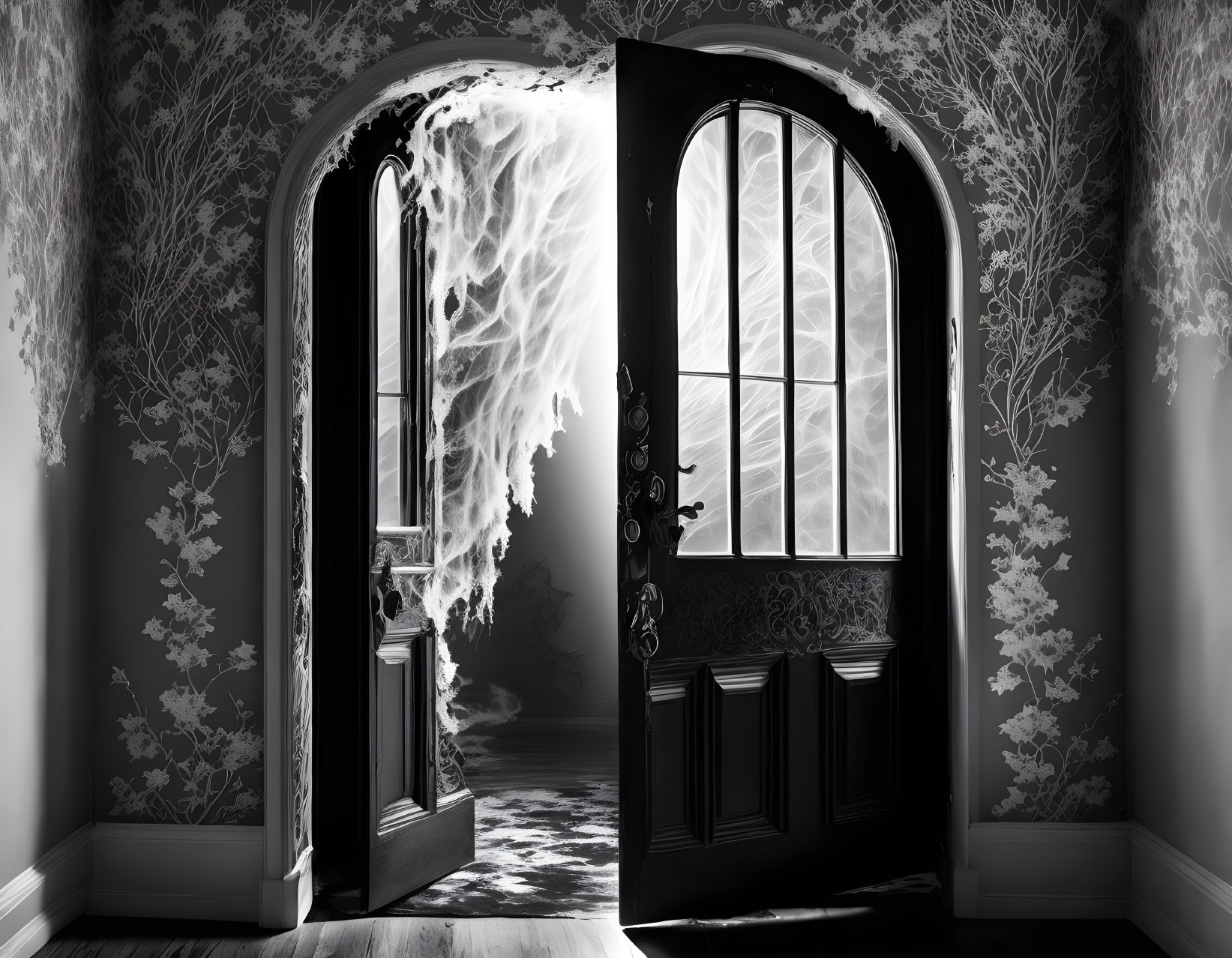 Monochrome photo of eerie ornate interior with open door and window shadows