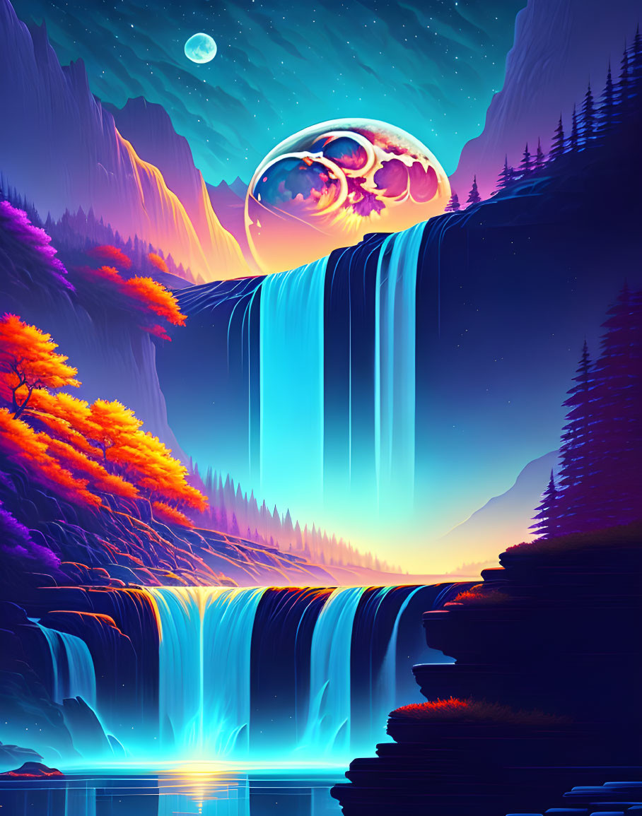 Colorful autumn trees and double waterfall in surreal digital landscape