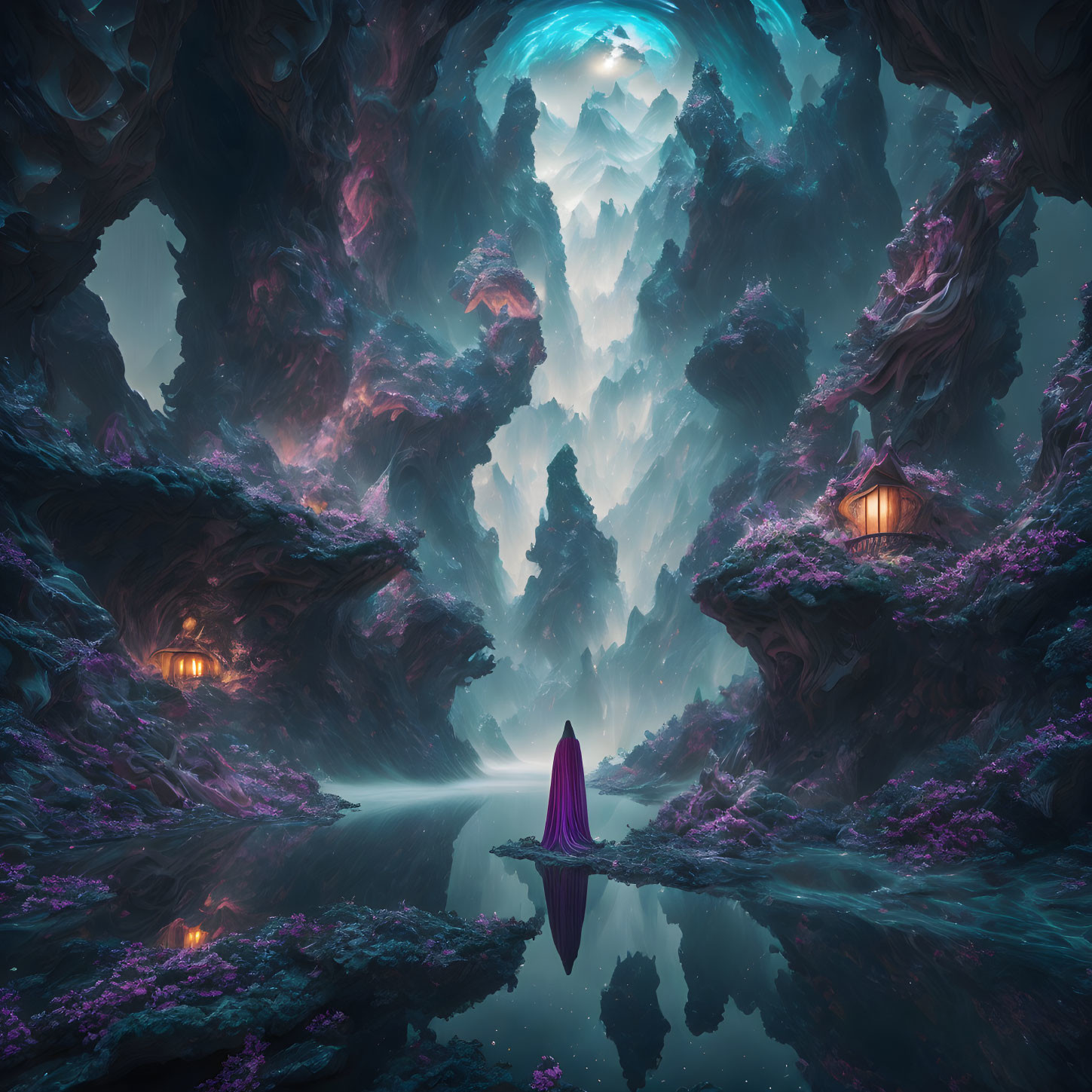 Mystical cave with vibrant purple hues and cloaked figure by serene water