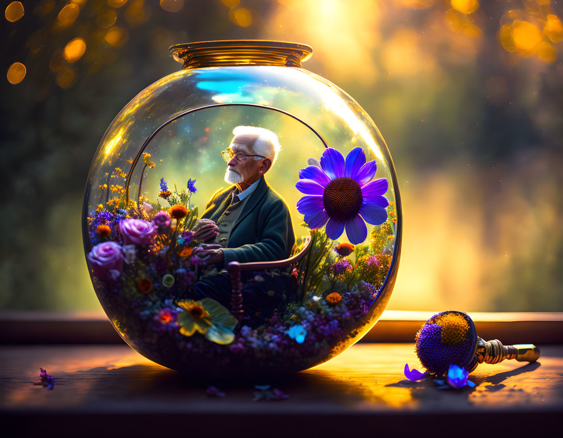 Elderly man in transparent bulb with vibrant flowers and glowing dropper on wooden surface