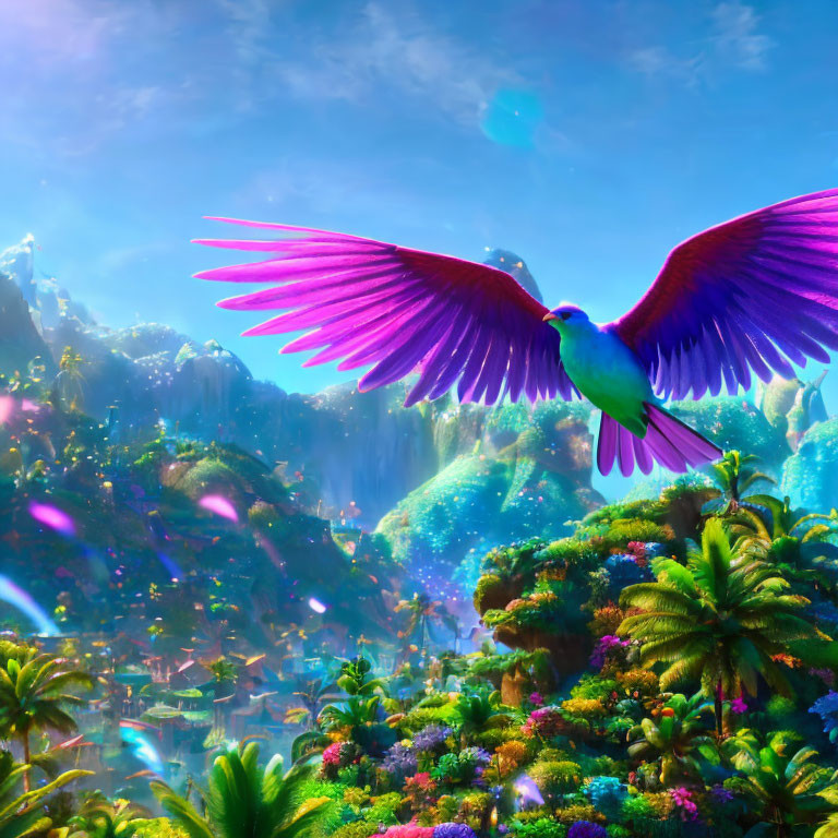 Colorful Bird Flying over Lush Jungle Landscape with Waterfalls