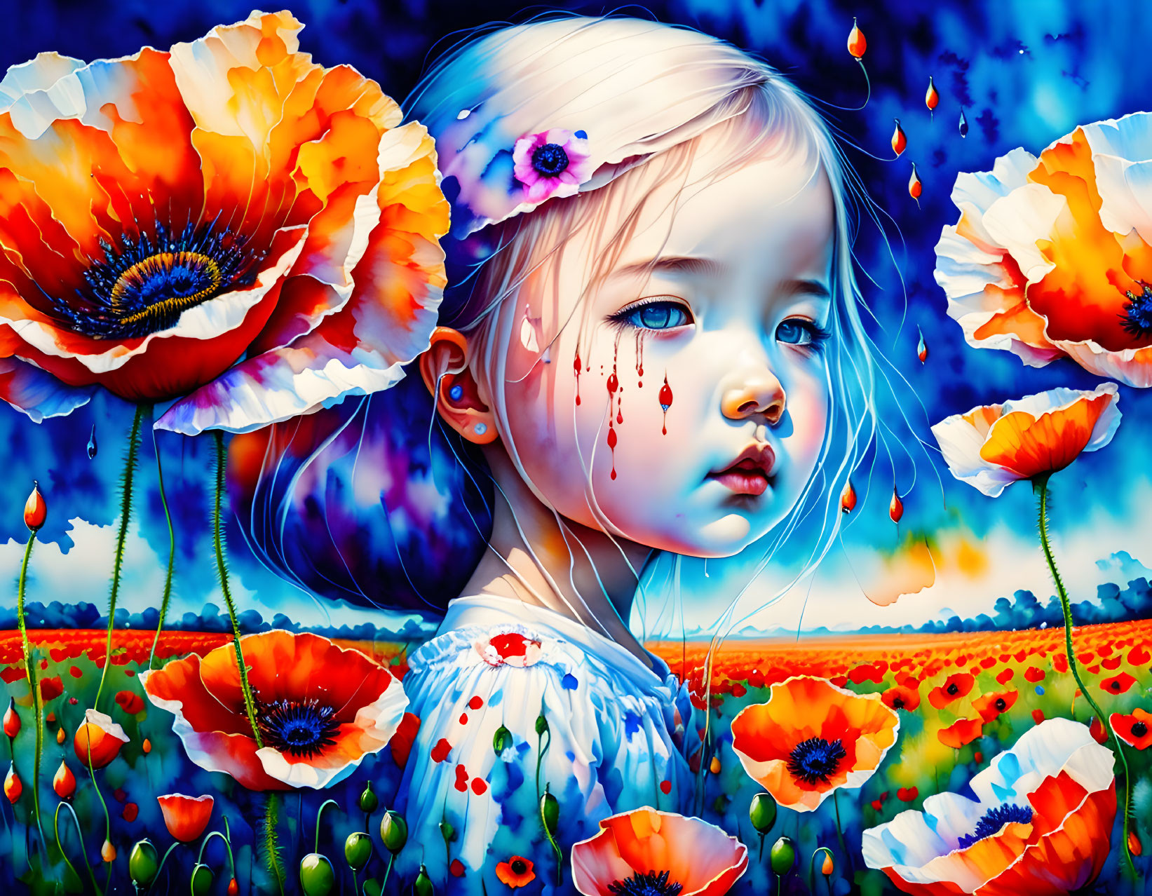 Colorful artwork of young girl in vibrant poppy field landscape