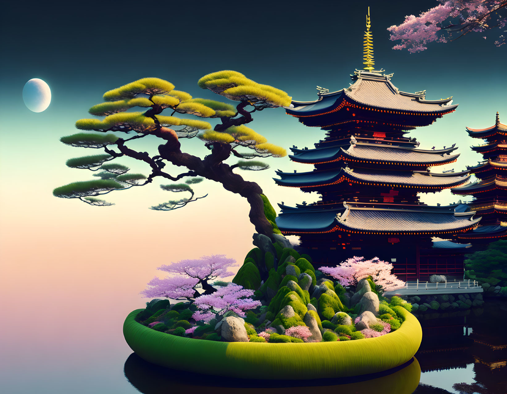 Artistic composition: bonsai tree, cherry blossoms, pagoda, sunset with crescent moon