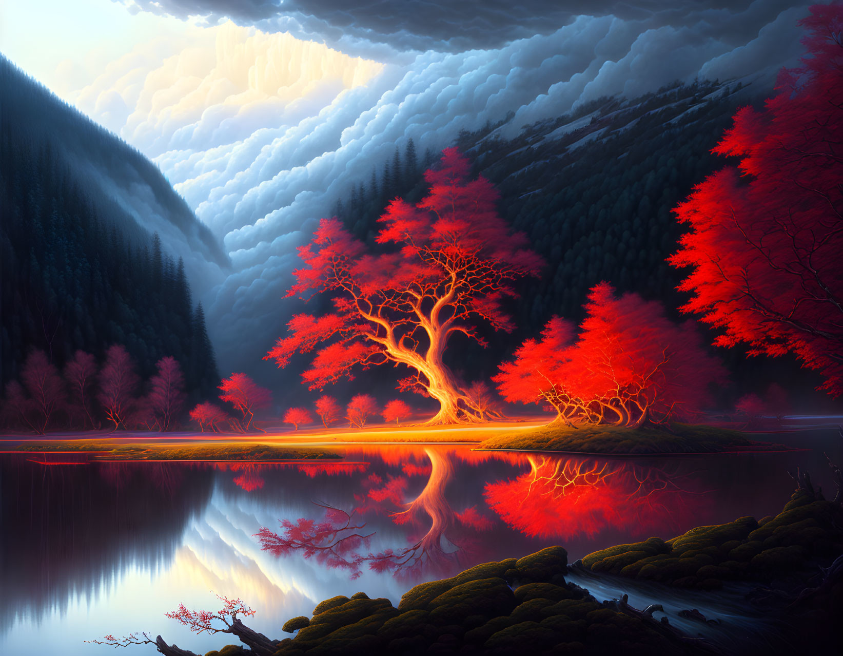 Red tree by tranquil lake in forest under dramatic clouds