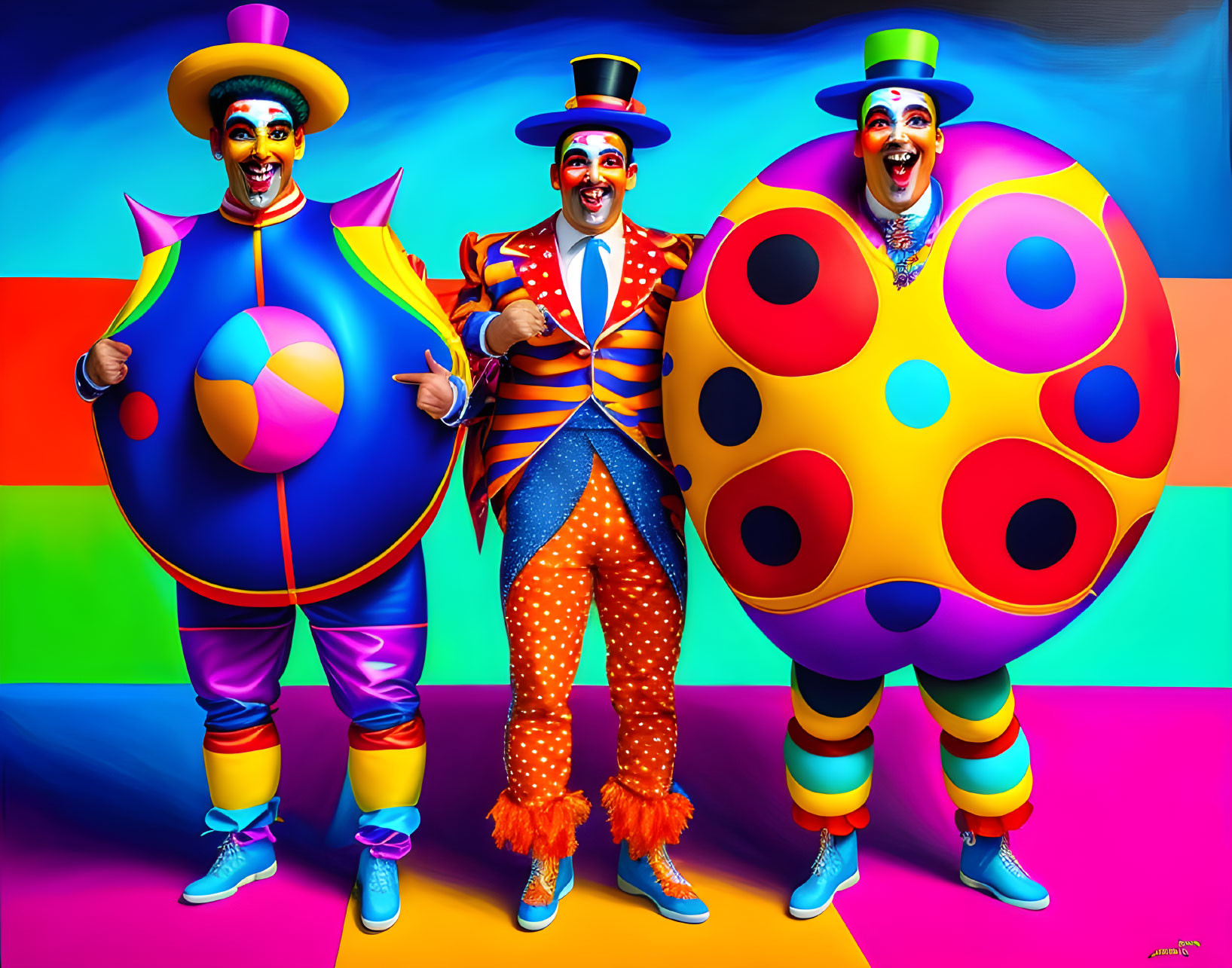 Colorful Clowns Posed with Patterned Balls