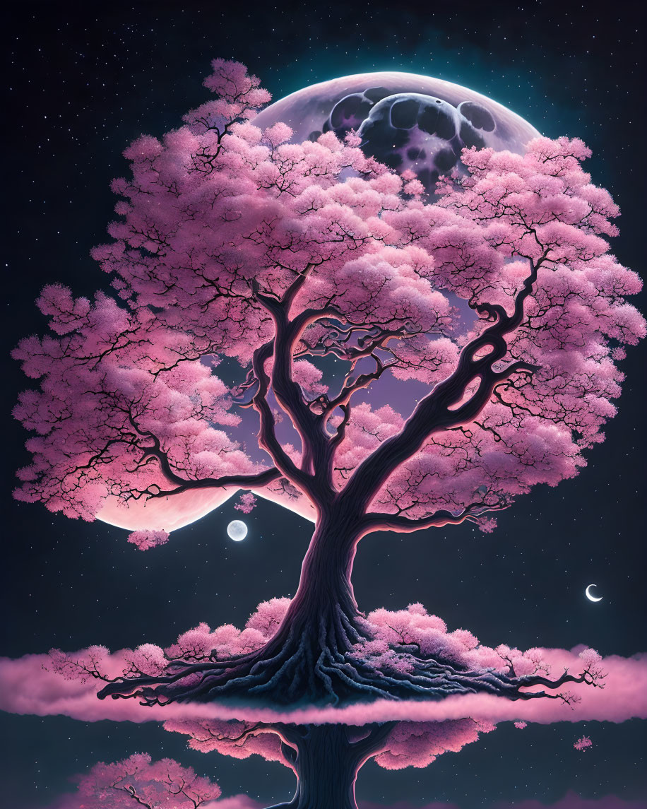 Majestic cherry blossom tree under luminous moon and stars