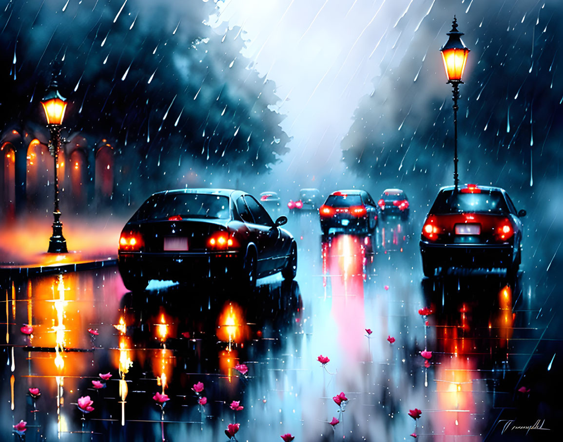 Night scene: Cars with illuminated tail lights on wet, reflective street with rain and glowing streetlights among