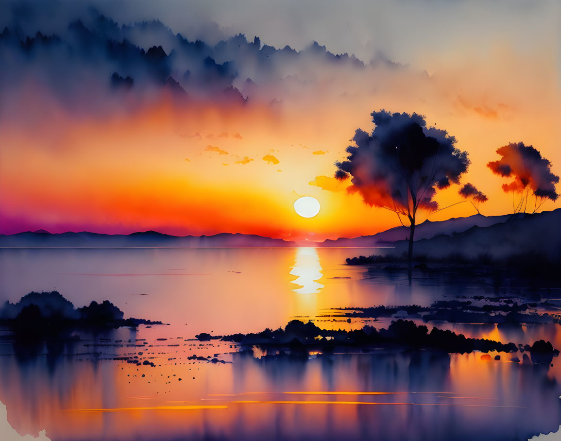 Vibrant sunset with orange and purple hues over calm lake, silhouetted trees and mountains