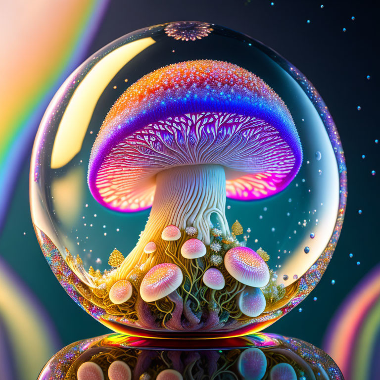 Colorful Mushroom in Transparent Sphere on Neon Celestial Background