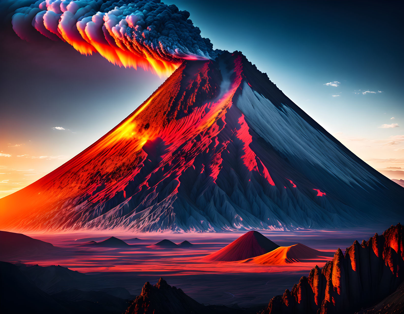 Erupting volcano with flowing lava and smoke at twilight