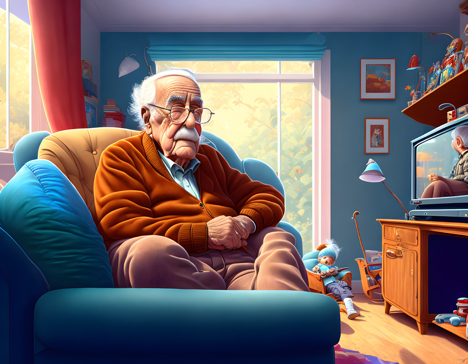 Elderly man in sunlit room surrounded by toys and TV