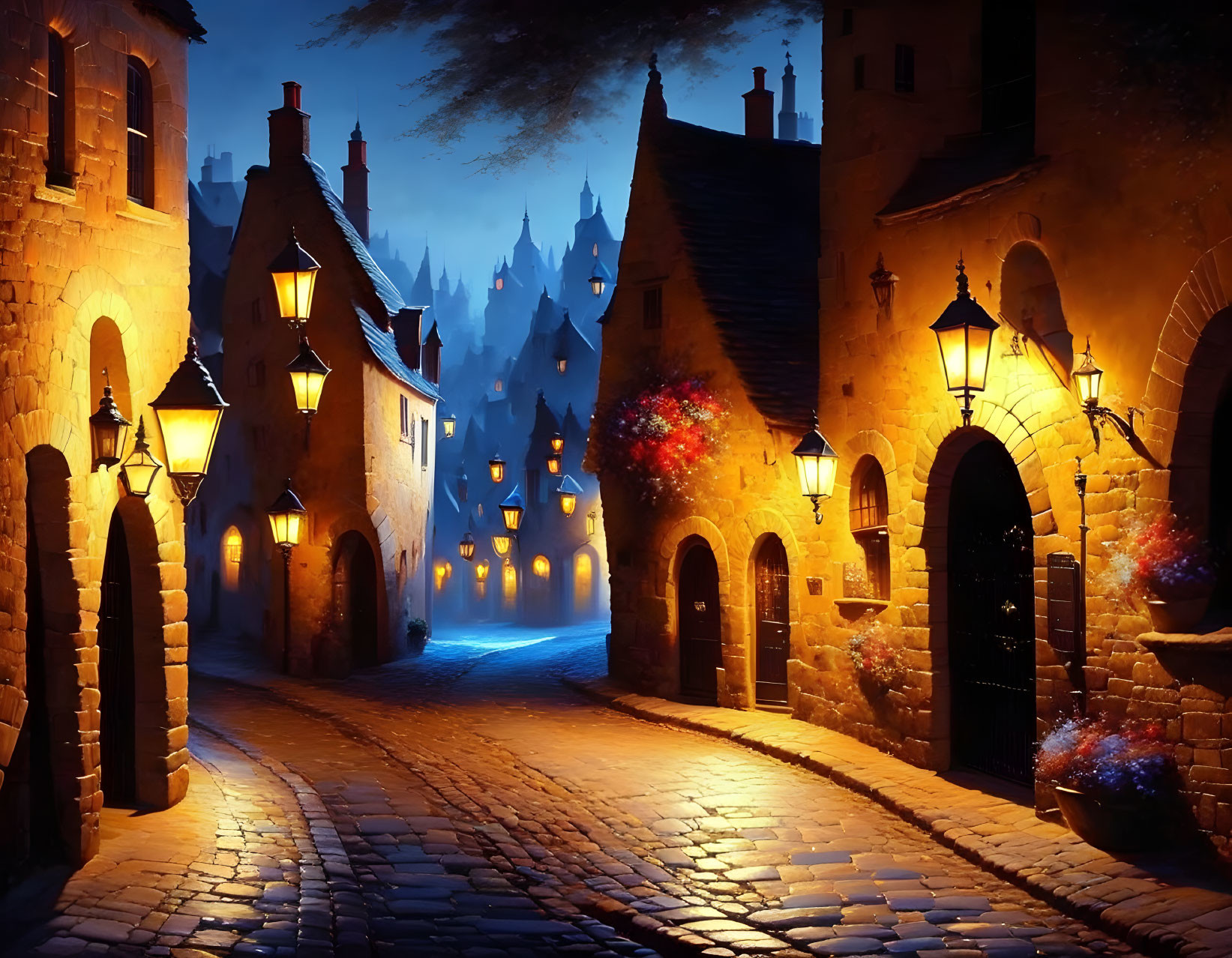 Medieval village cobblestone street at night with warm street lamps