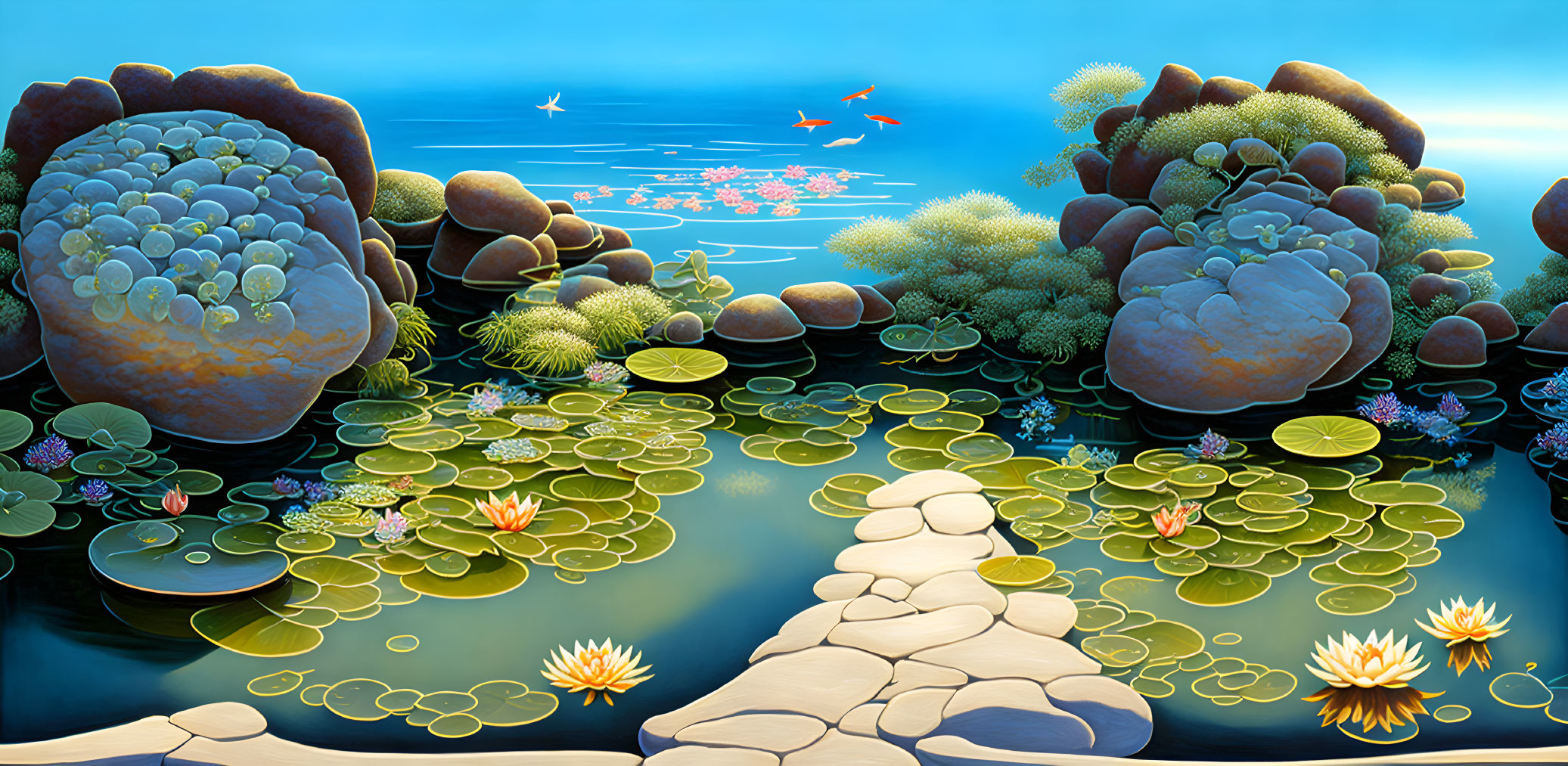 Tranquil pond with lily pads, lotuses, and lush vegetation under clear blue sky