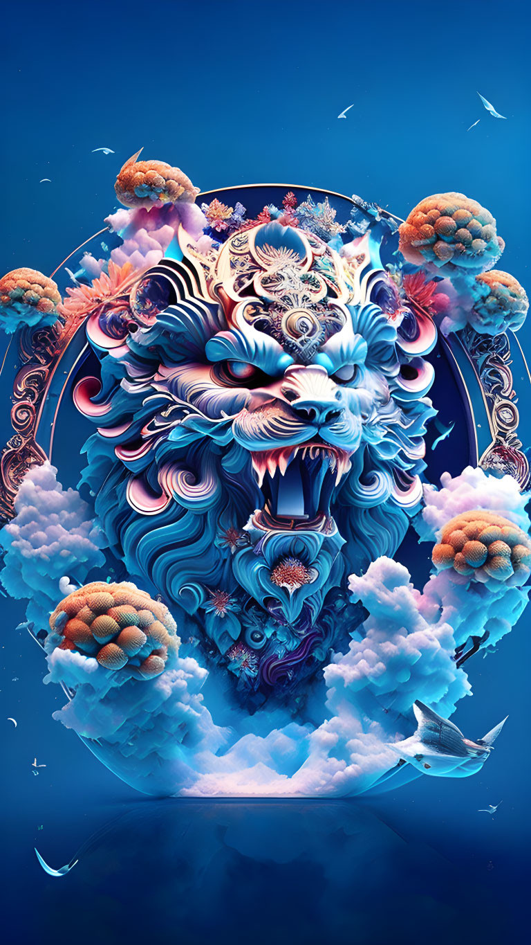 Colorful Lion's Head with Oceanic Elements on Blue Background