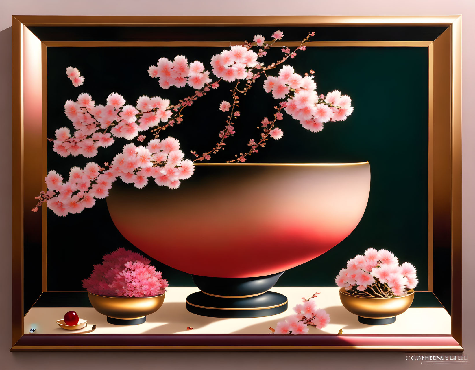 Vibrant cherry blossom branch in red and black bowl on reflective surface