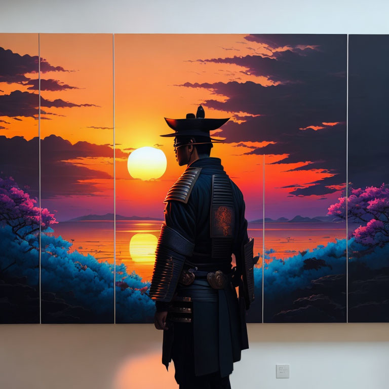 Silhouette of samurai against vibrant sunset with pink and blue trees