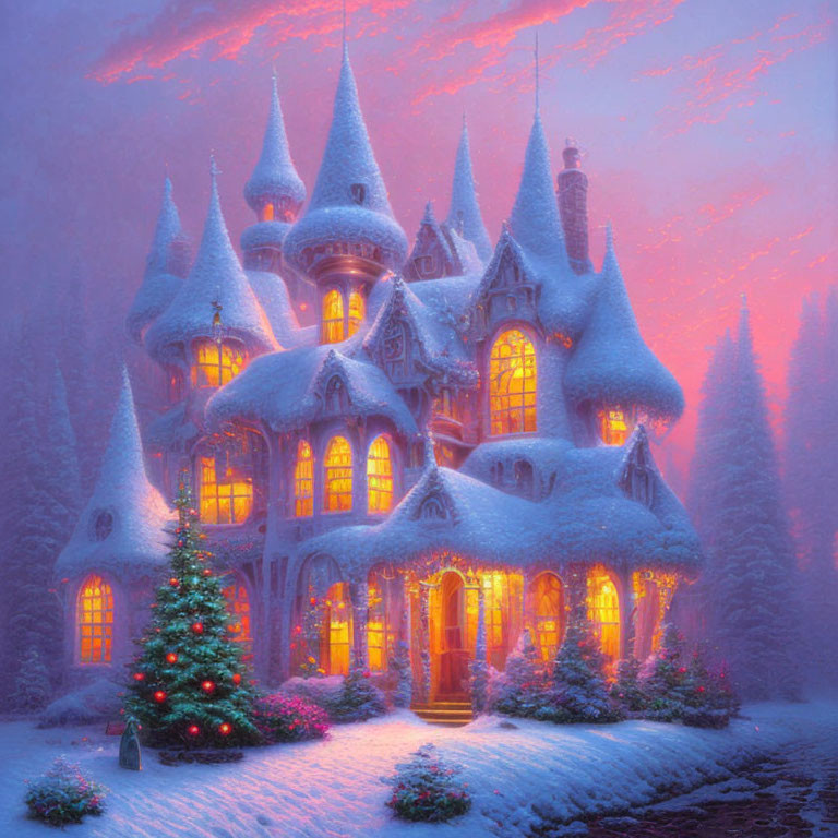 Snow-covered castle with glowing windows in winter scene