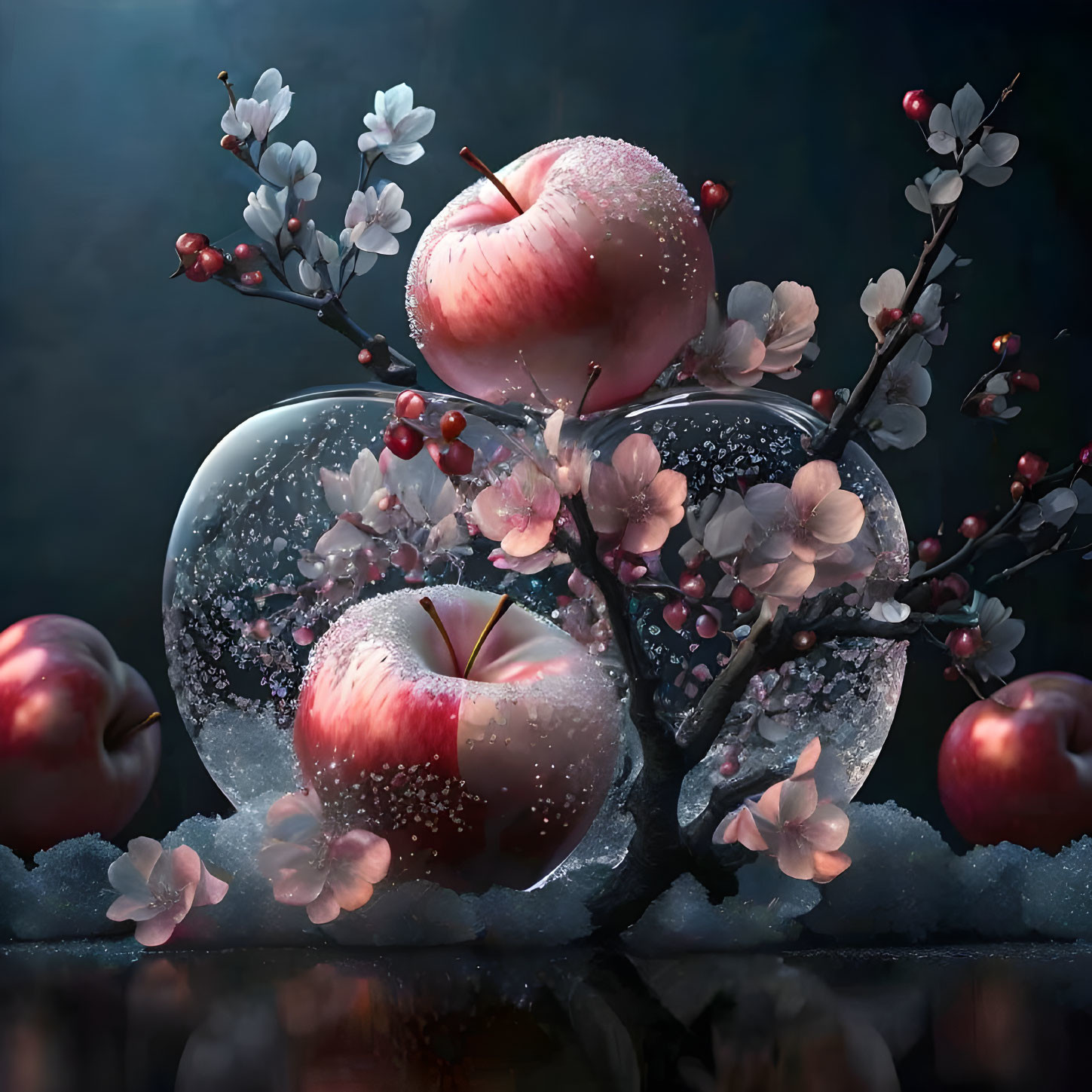 Translucent and Frosted Still Life with Apples and Cherry Blossoms