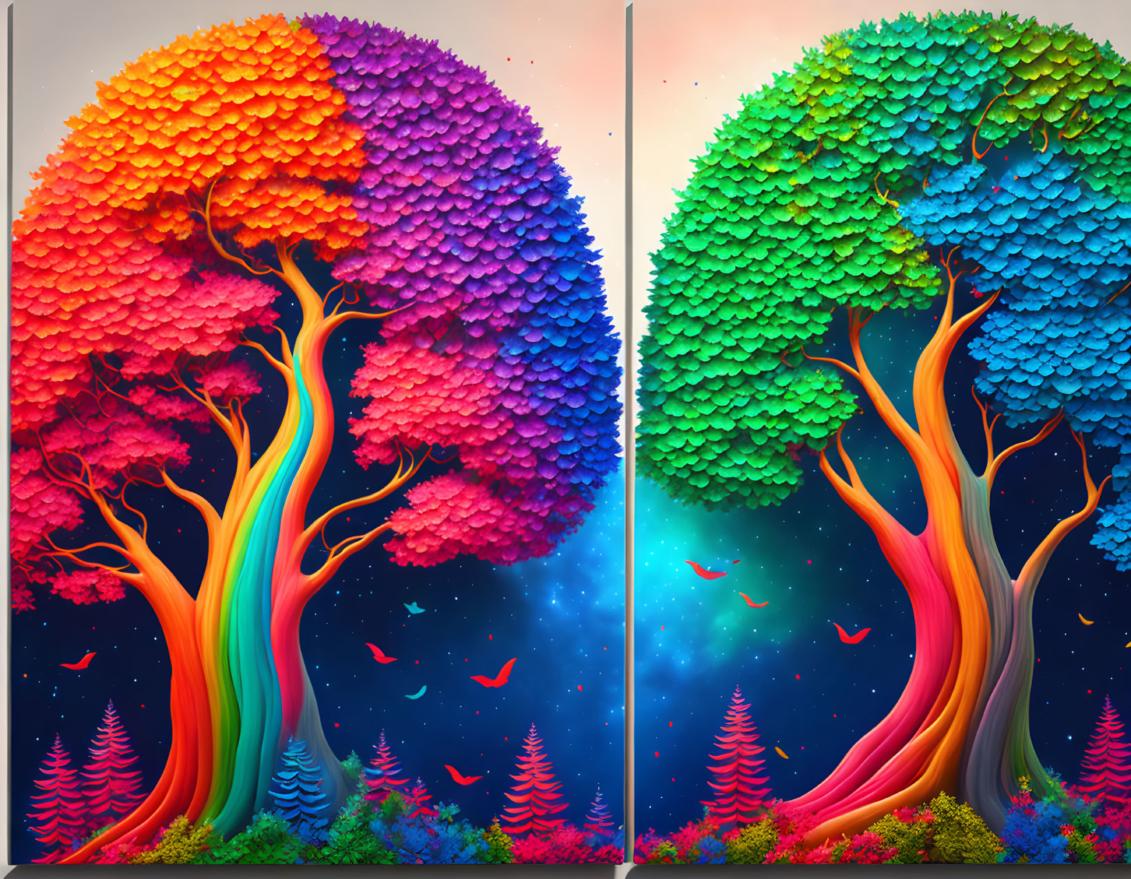 Colorful Trees Divided by Canvas, Starry Sky Background