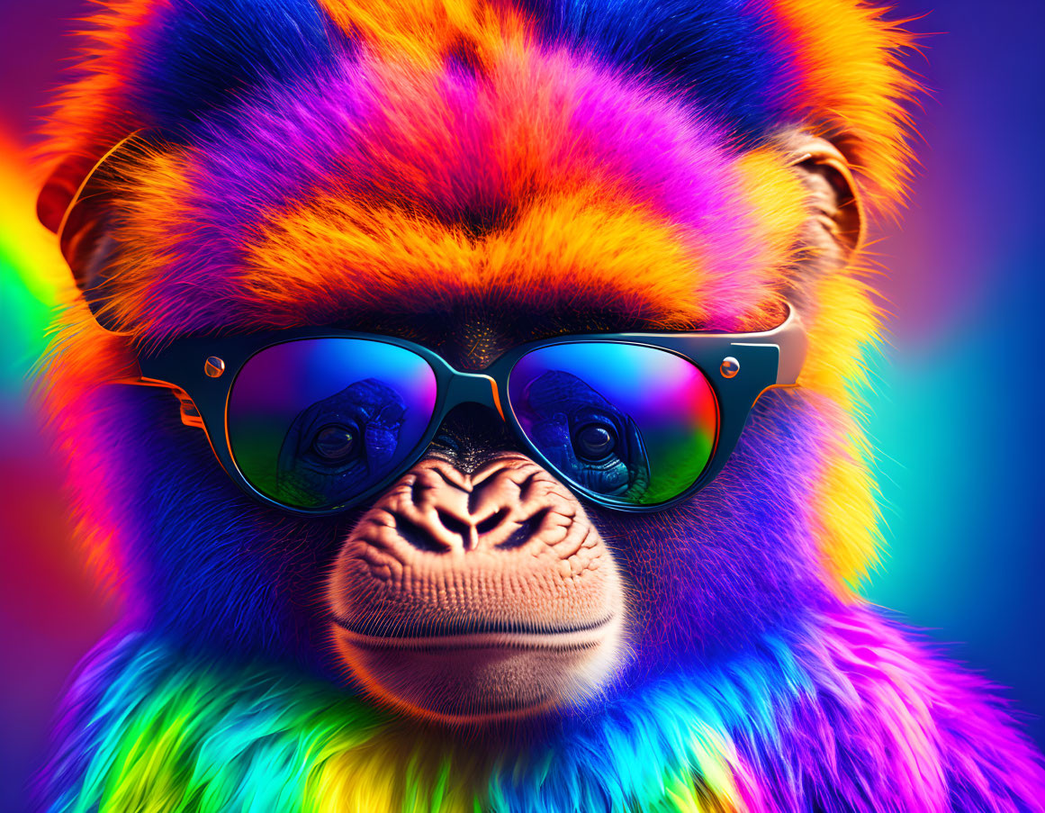 Colorful Gorilla Portrait with Reflective Sunglasses on Rainbow Background