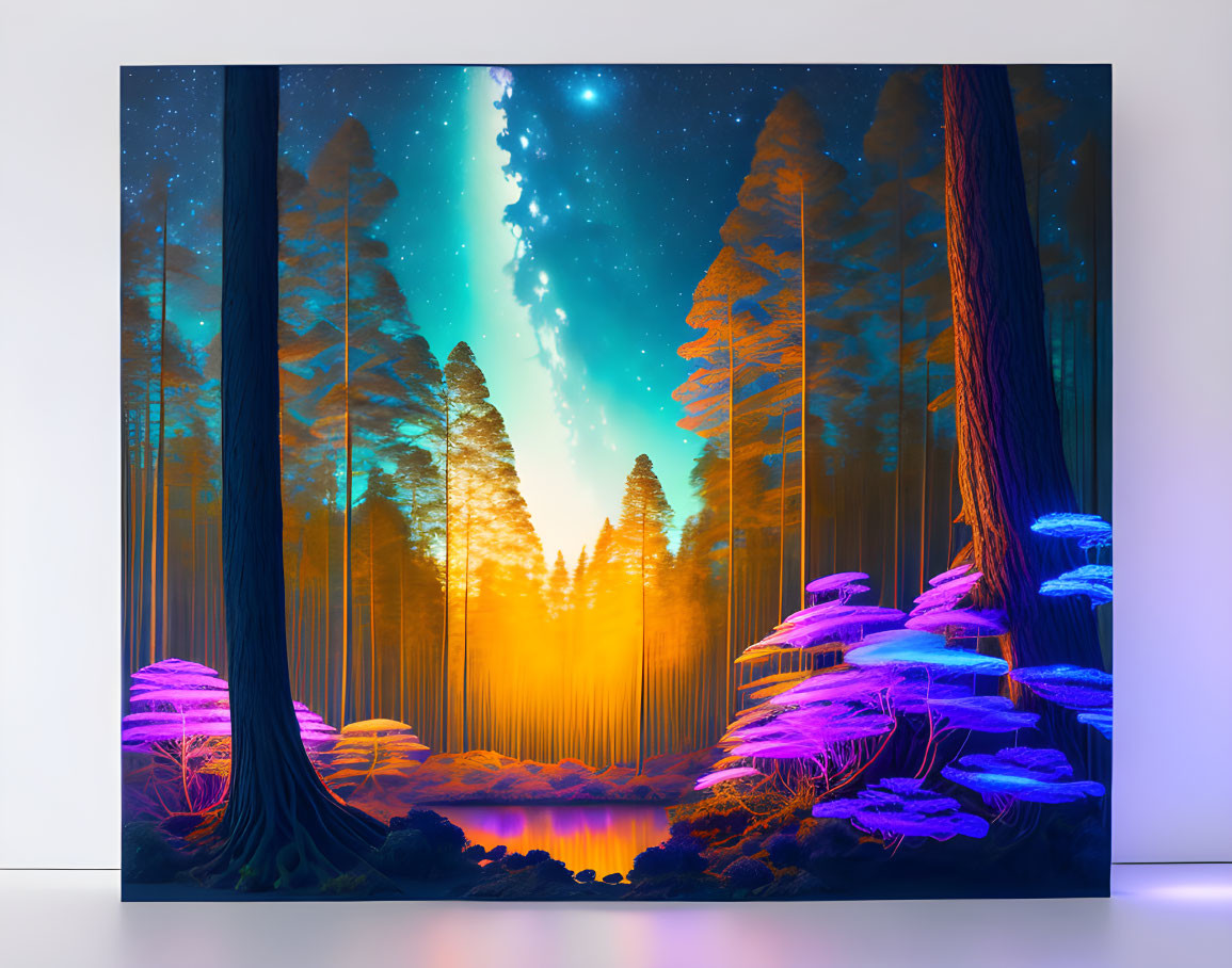 Mystical forest digital artwork with glowing blue mushrooms