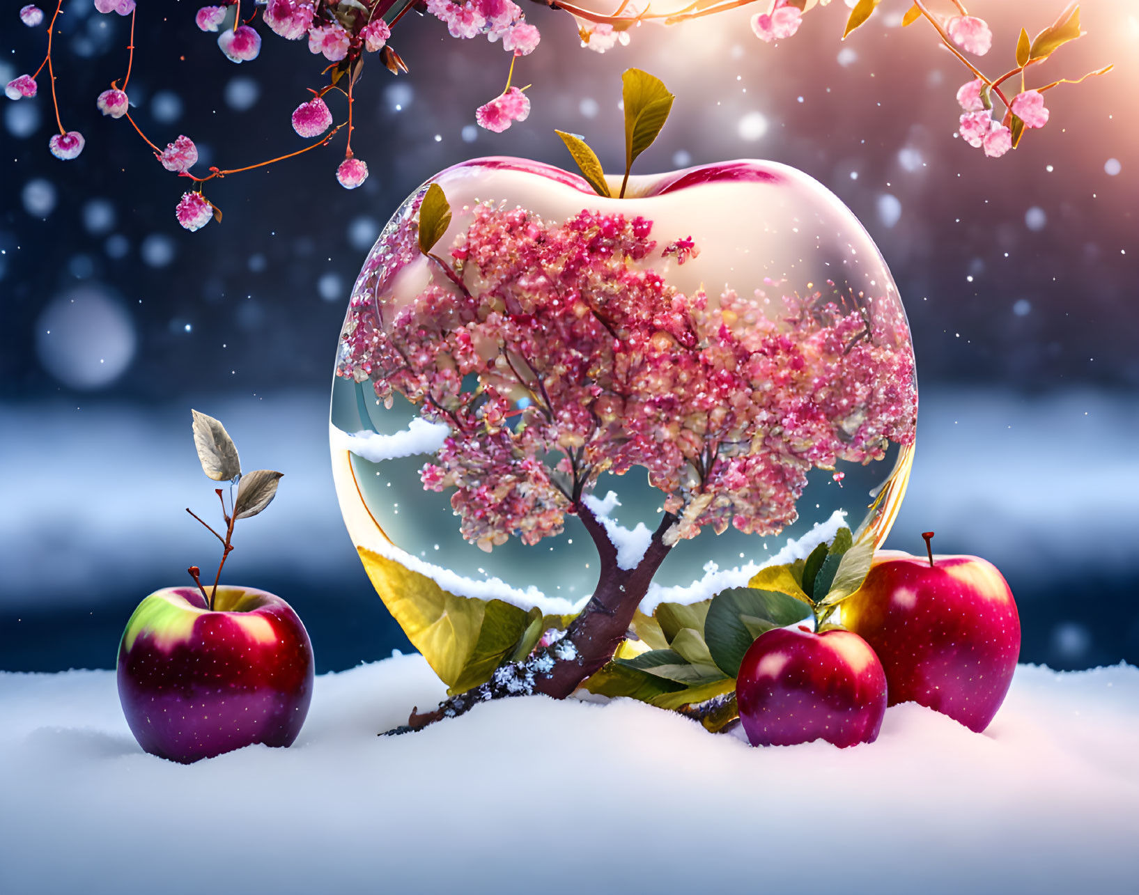 Cherry tree in transparent apple bubble with snow and apples