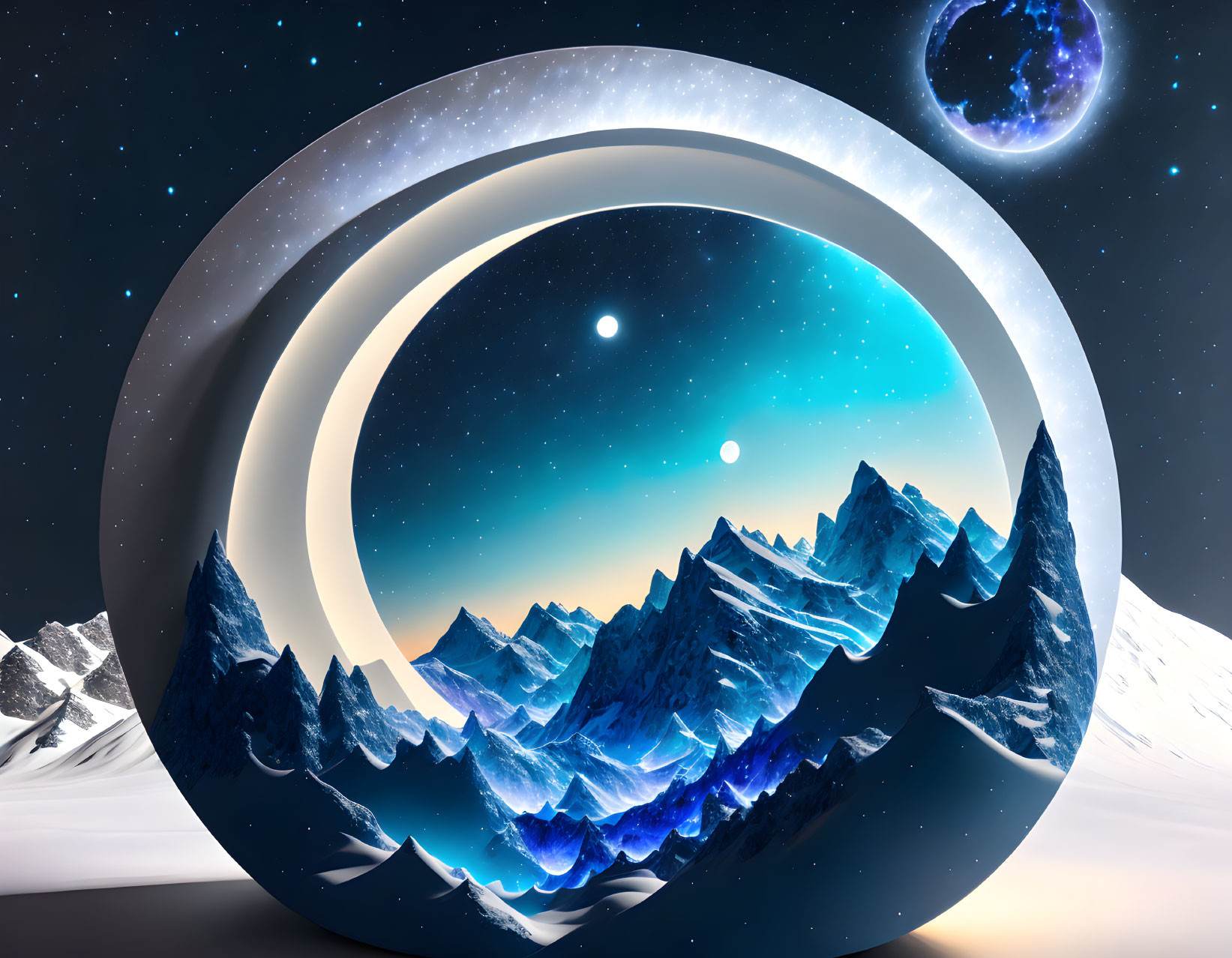 Circular structure frames mountain range under starry sky in surreal landscape