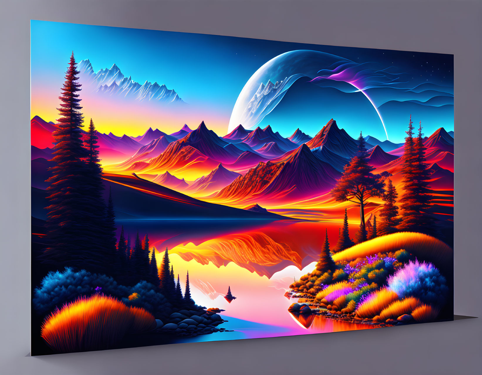 Surreal landscape with colorful mountains, trees, reflective lake, large moon on curved screen