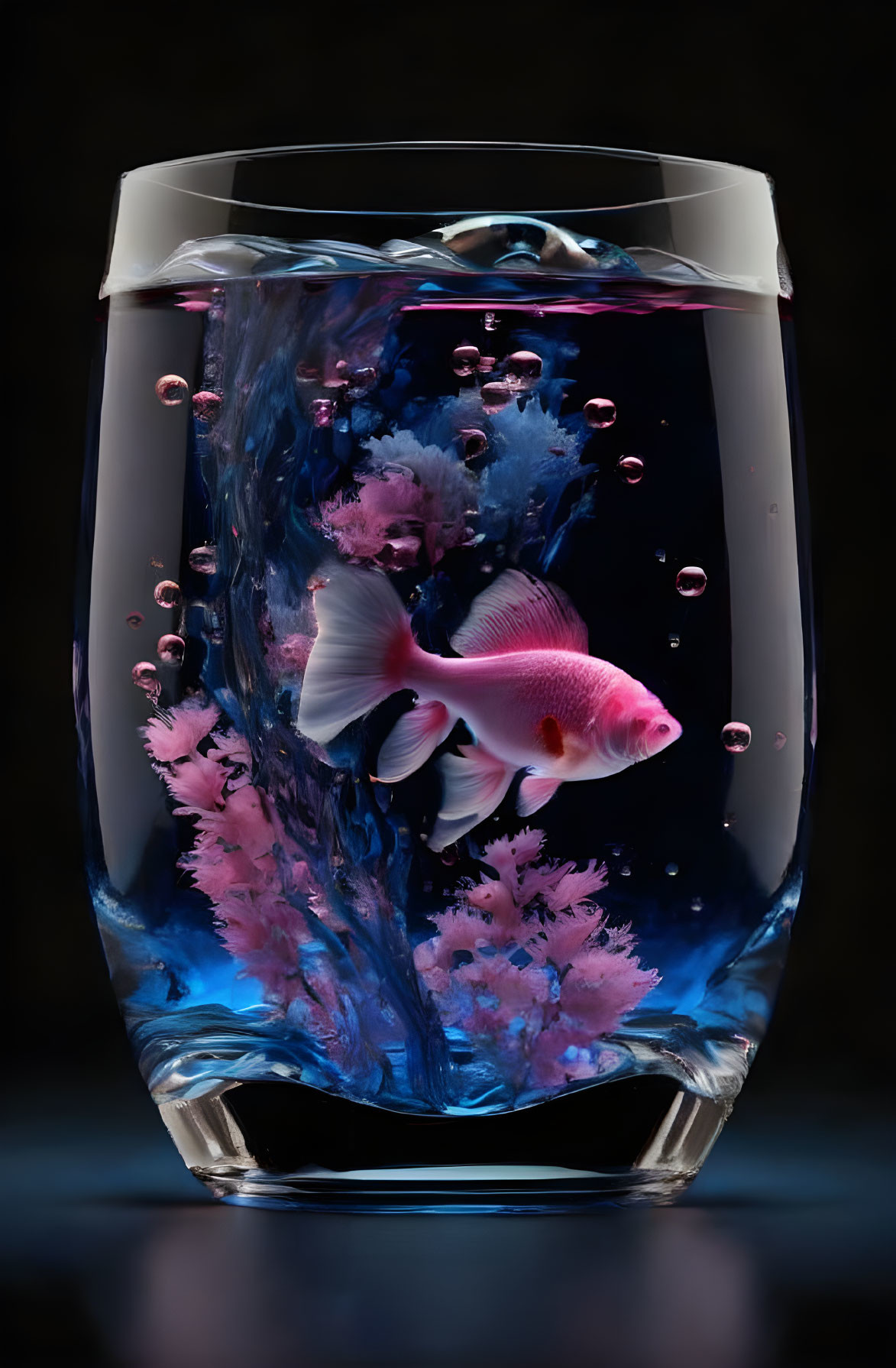 Goldfish swimming in glass with pink coral and bubbles under blue lighting