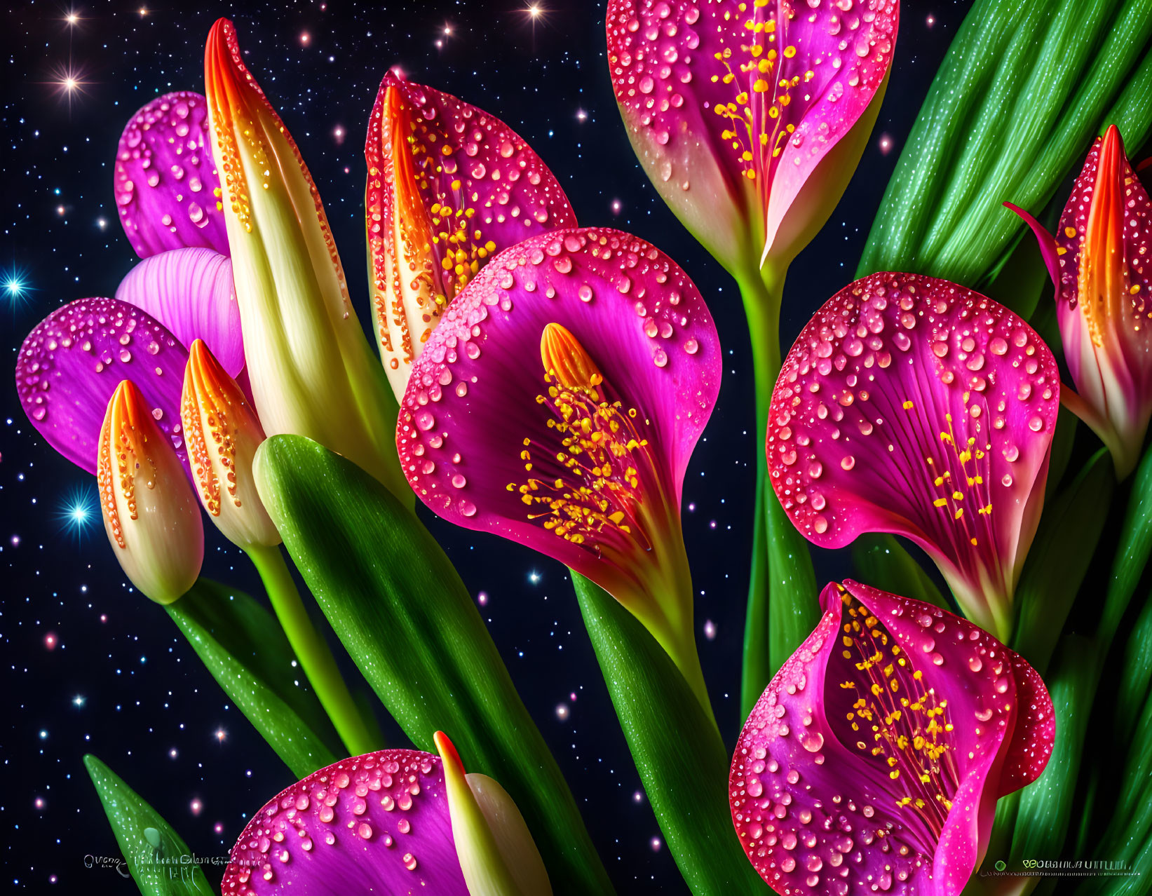 Pink Calla Lilies with Water Droplets on Petals Against Starry Background