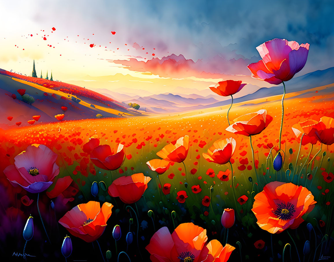 Colorful Poppy Field Painting: Sunset, Rolling Hills, Cloudy Sky