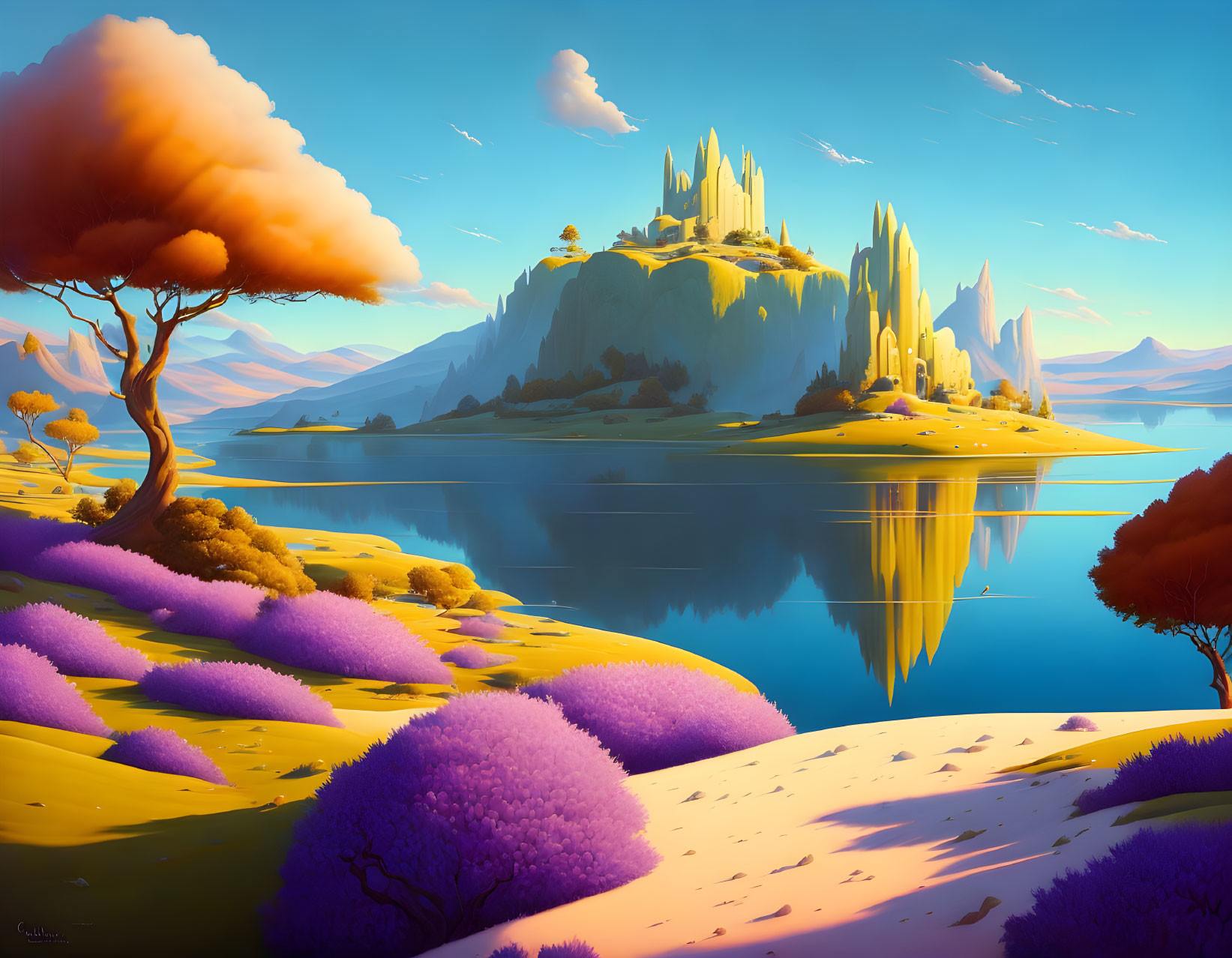 Majestic castle on high cliff in serene fantasy landscape