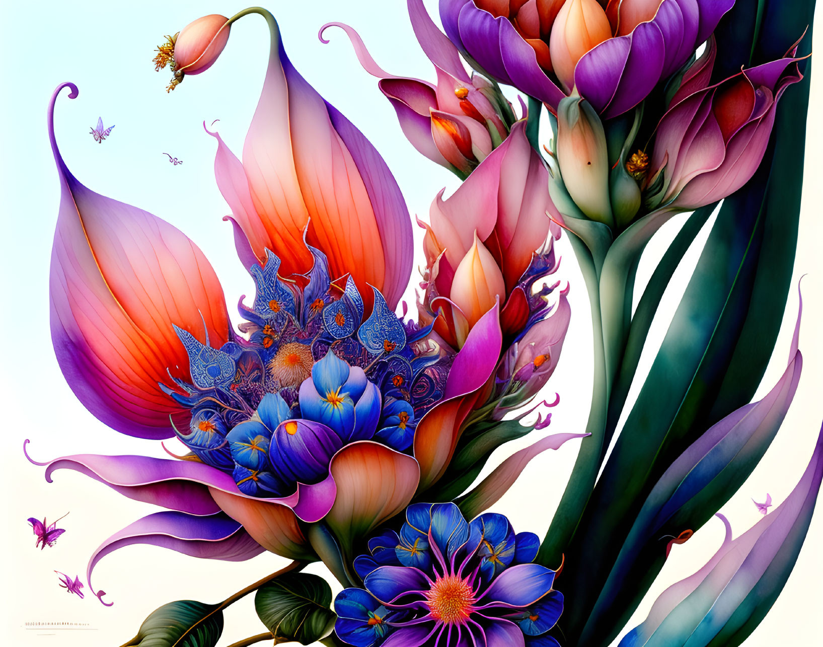 Colorful stylized flowers and whimsical insects in digital artwork.