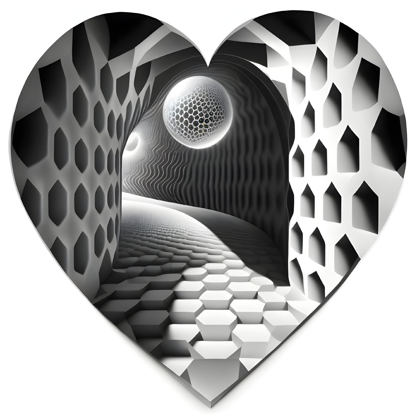 Heart-shaped Frame Surrounds Black and White Abstract Tunnel with Geometric Shapes