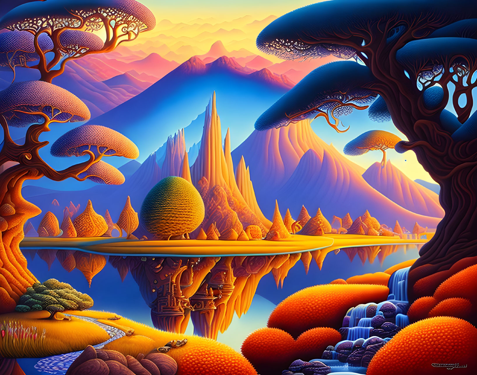 Fantasy Landscape with Mushroom-like Trees and Floating Islands