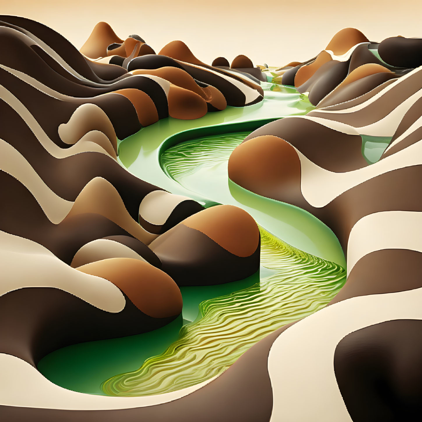 Vibrant green river flowing through surreal striped hills