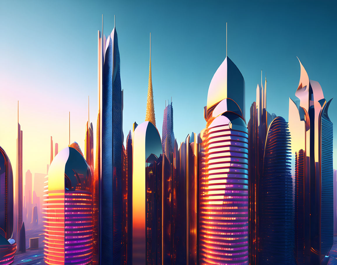 Vibrant sunset city skyline with sleek skyscrapers