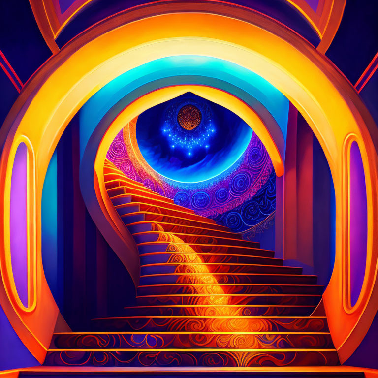 Colorful Digital Artwork: Mystical Spiral Staircase to Celestial Vortex