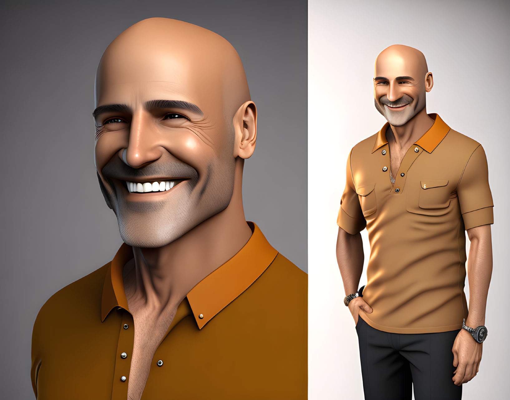 Smiling bald man with beard in orange polo shirt and wristwatch