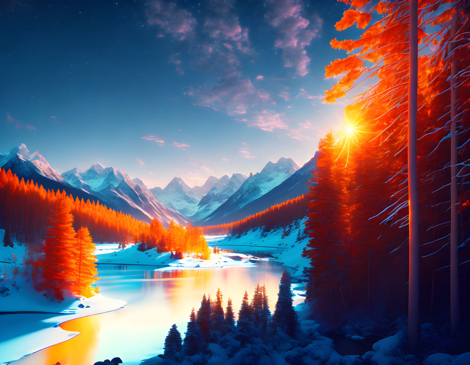 Scenic landscape with snowy mountains, river, autumn forest, and starry sky