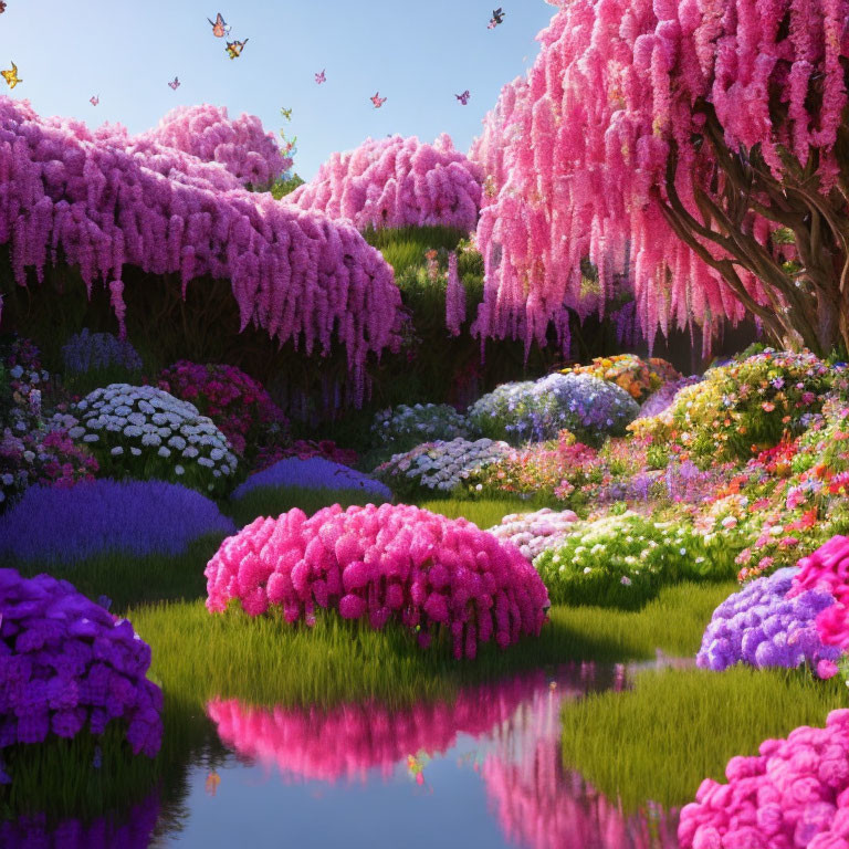 Vibrant pink wisteria in lush garden with multicolored flower beds and serene pond