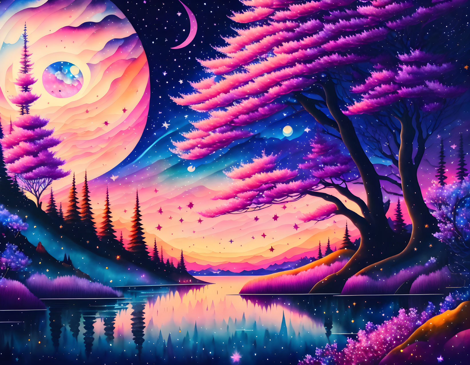 Colorful Fantasy Landscape with Purple Trees, Multiple Moons, and Serene Lake