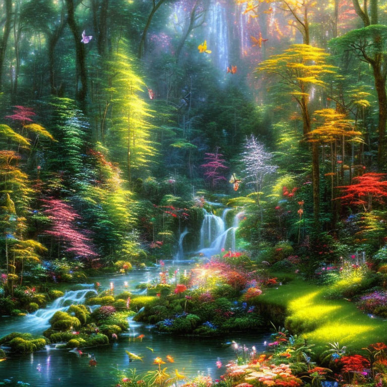 Lush Forest Scene with Waterfall and Sunlight Beams