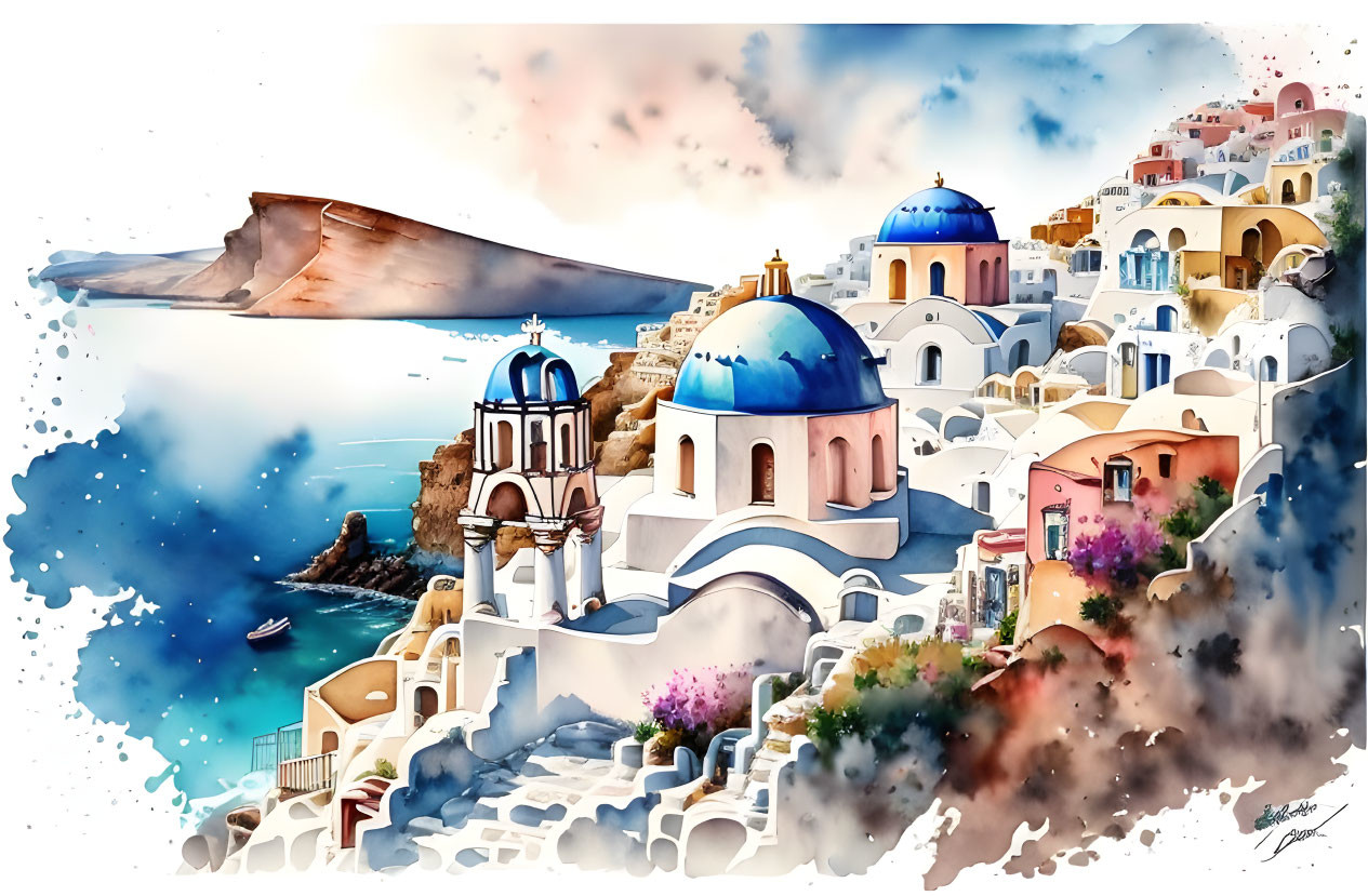 Coastal Town Watercolor Illustration with Blue-Domed Churches