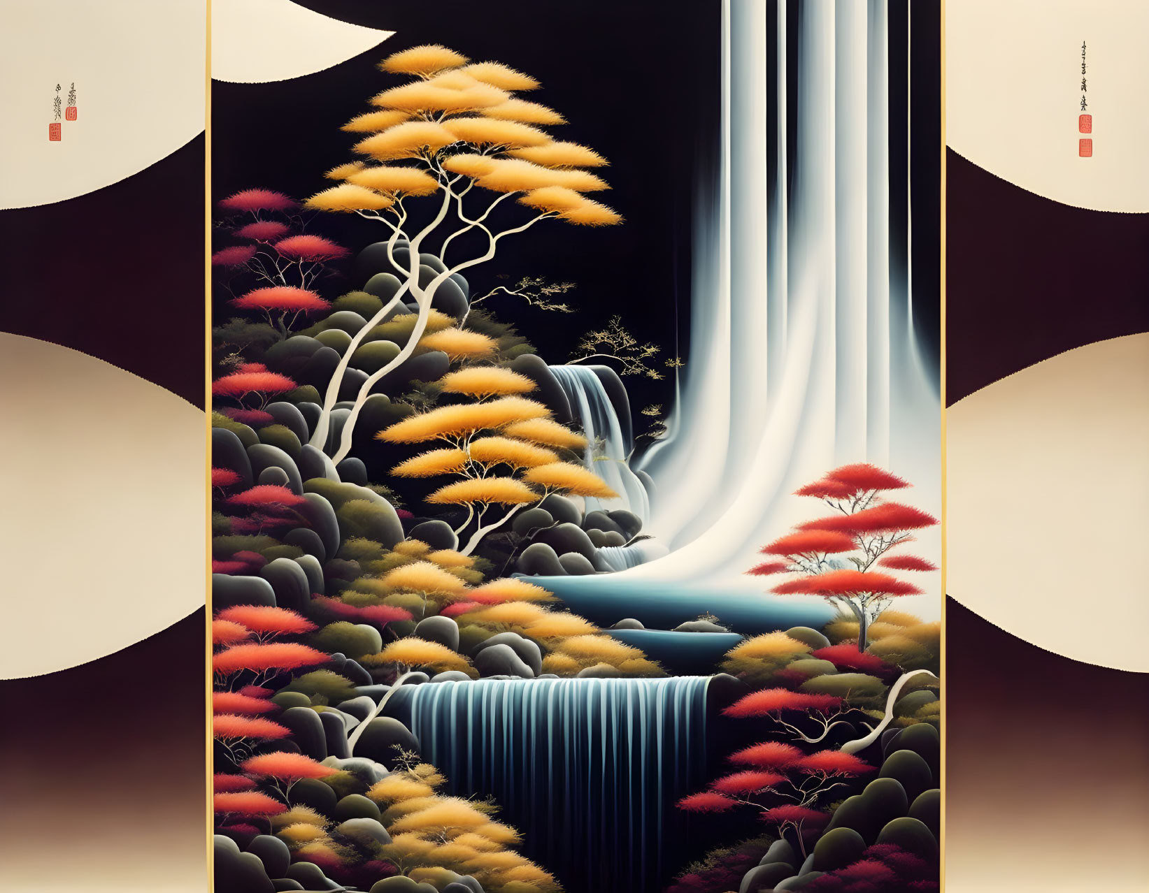 Stylized artwork of waterfall in autumn setting