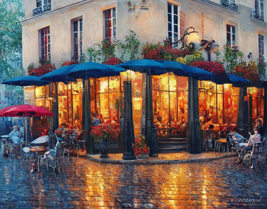 Cozy street-side café with warm lighting, dining patrons, red flowers, wet cobblestone pavement