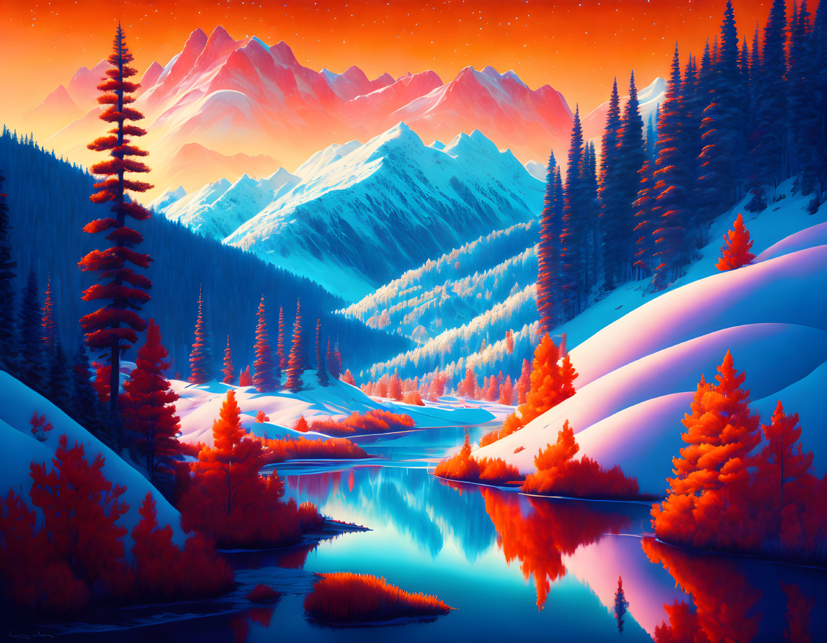 Digital artwork: Sunset mountain landscape with orange trees, snow peaks, and reflective river