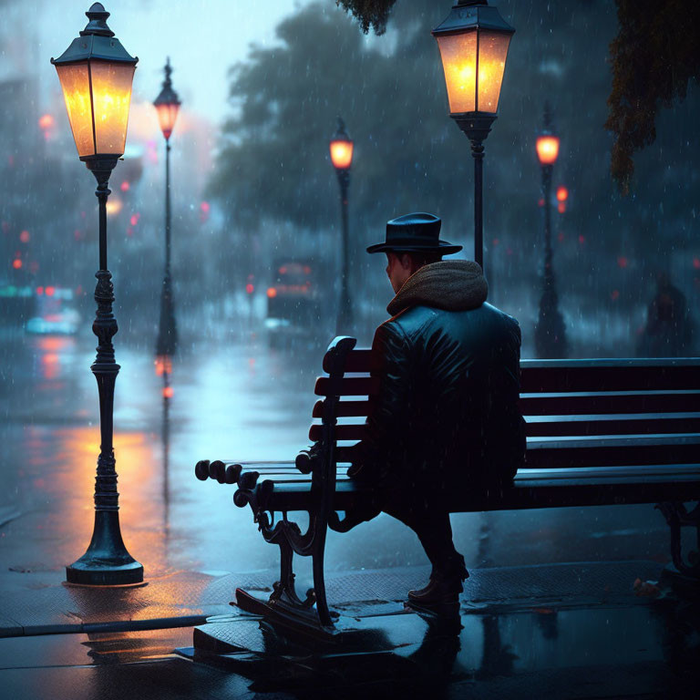 Person in Hat Sitting on Bench at Night in Rainy Street Scene