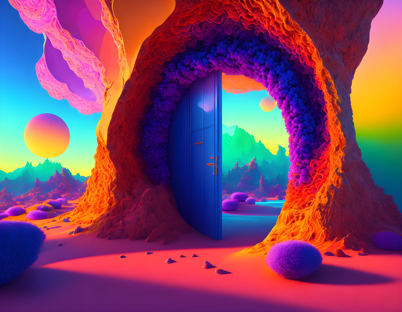 Surreal landscape with blue door, purple foliage, two moons, neon-lit terrain